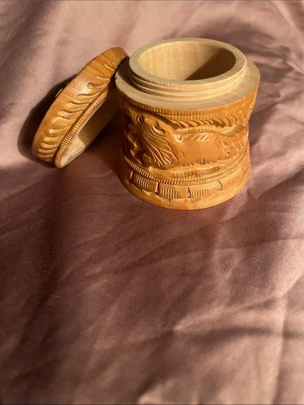 Hand-Carved Wooden Trinket Box in Natural Brown